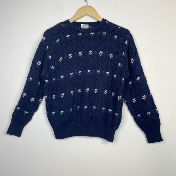 Vintage Laura Ashley Navy Blue Pointelle Crochet Knit Cotton Floral Sweater M L - Picture 1 of 12